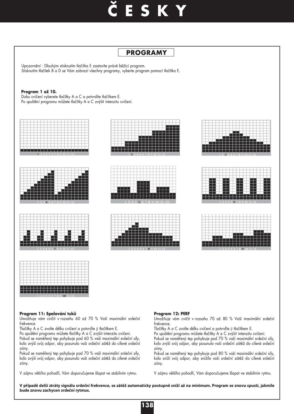 Program 11: Spalování tuků Umožňuje vám cvičit v rozsahu 60 až 70 % Vaší maximální srdeční frekvence. Tlačítky A a C zvolte délku cvičení a potvrďte ji tlačítkem E.