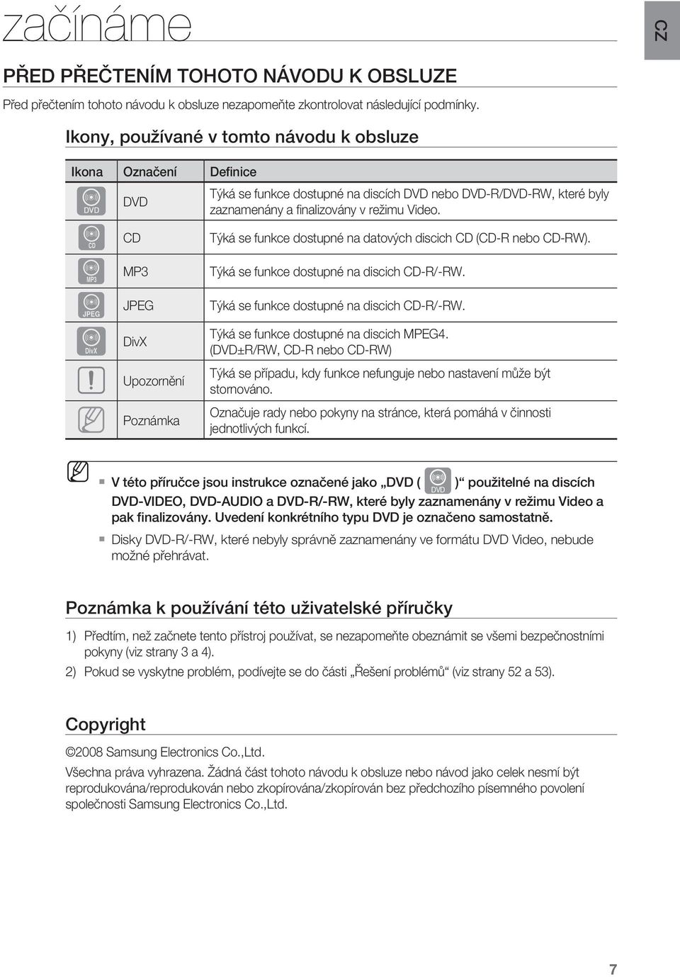 MP3 Týká se funkce dostupné na discich CD-R/-RW G JPEG Týká se funkce dostupné na discich CD-R/-RW D DivX Týká se funkce dostupné na discich MPEG4 (DVD±R/RW, CD-R nebo CD-RW) Upozornění M Poznámka