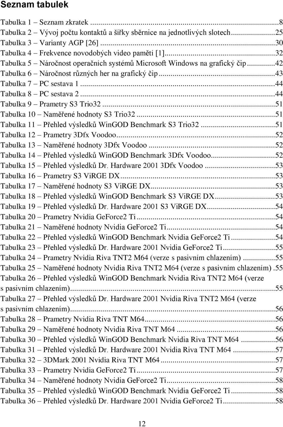 .. 43 Tabulka 7 PC sestava 1... 44 Tabulka 8 PC sestava 2... 44 Tabulka 9 Prametry S3 Trio32... 51 Tabulka 10 Naměřené hodnoty S3 Trio32... 51 Tabulka 11 Přehled výsledků WinGOD Benchmark S3 Trio32.