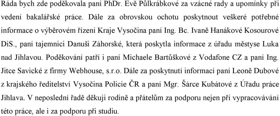 , paní tajemnici Danuši Záhorské, která poskytla informace z úřadu městyse Luka nad Jihlavou. Poděkování patří i paní Michaele Bartůškové z Vodafone CZ a paní Ing.