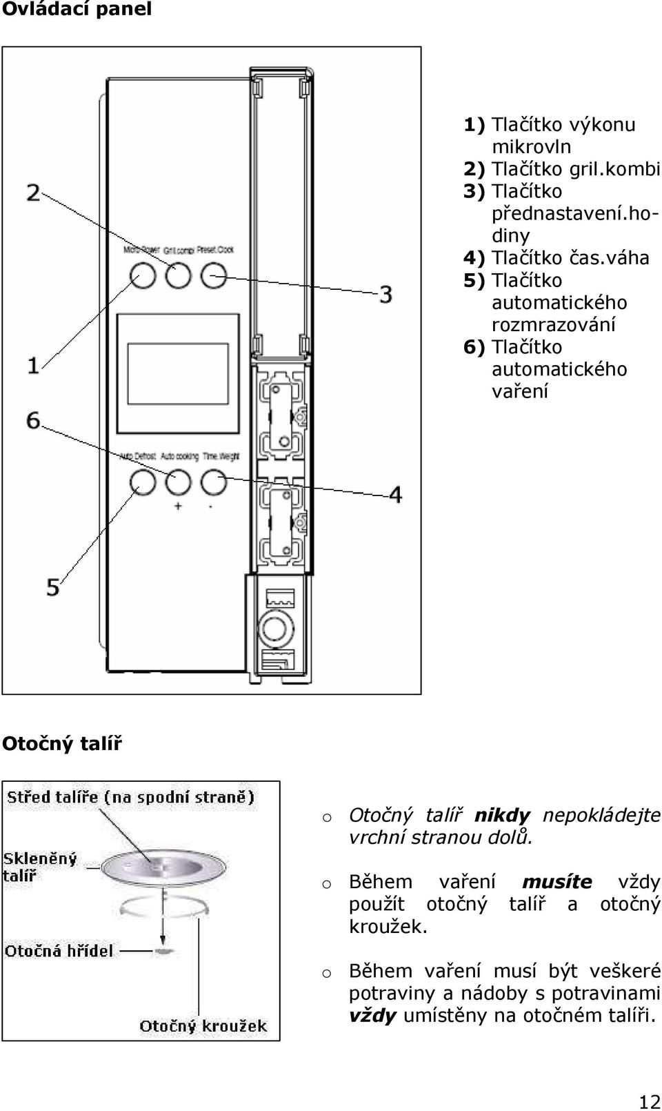 váha 5) Tlačítko automatického rozmrazování 6) Tlačítko automatického vaření Otočný talíř o Otočný talíř