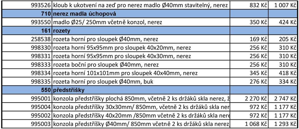 boční pro sloupek Ø40mm, nerez 256 Kč 310 Kč 998334 rozeta horní 101x101mm pro sloupek 40x40mm, nerez 345 Kč 418 Kč 998335 rozeta horní pro sloupek Ø40mm, buk 276 Kč 334 Kč 550 předstříšky 995001