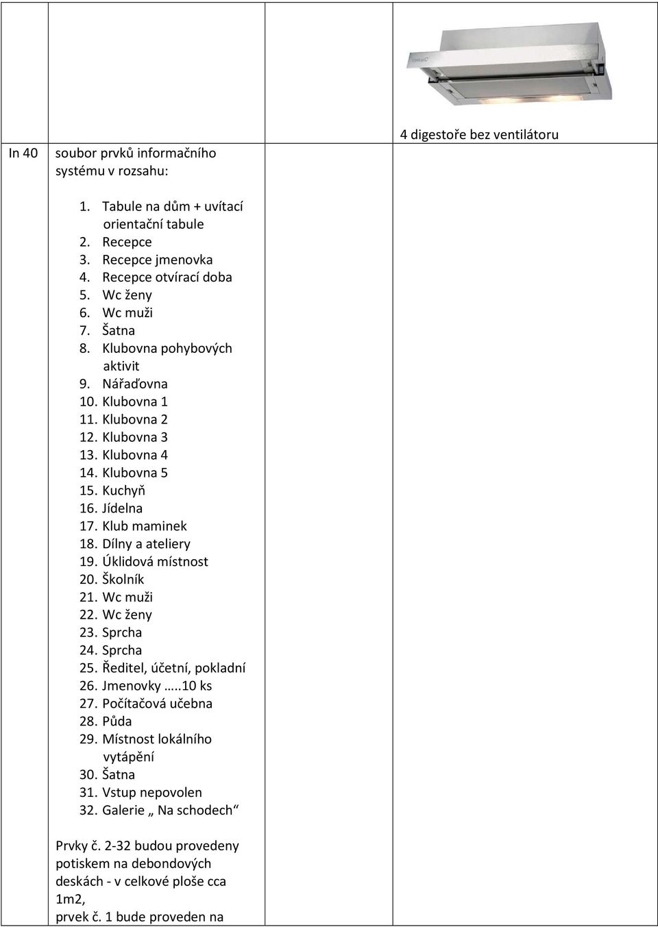 Klub maminek 18. Dílny a ateliery 19. Úklidová místnost 20. Školník 21. Wc muži 22. Wc ženy 23. Sprcha 24. Sprcha 25. Ředitel, účetní, pokladní 26. Jmenovky..10 ks 27. Počítačová učebna 28.