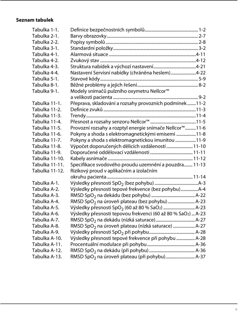 Stavové kódy... 5-9 Tabulka 8-1. Běžné problémy a jejich řešení... 8-2 Tabulka 9-1. Modely snímačů pulzního oxymetru Nellcor a velikosti pacienta... 9-2 Tabulka 11-1.