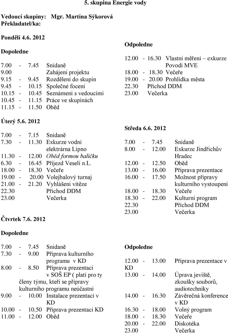 45 Příjezd Veselí n.l. 12.00-16.30 Vlastní měření exkurze Povodí MVE 19.00-20.