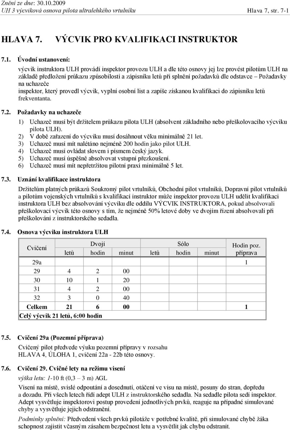 Úvodní ustanovení: výcvik instruktora ULH provádí inspektor provozu ULH a dle této osnovy jej lze provést pilotům ULH na základě předložení průkazu způsobilosti a zápisníku letů při splnění požadavků