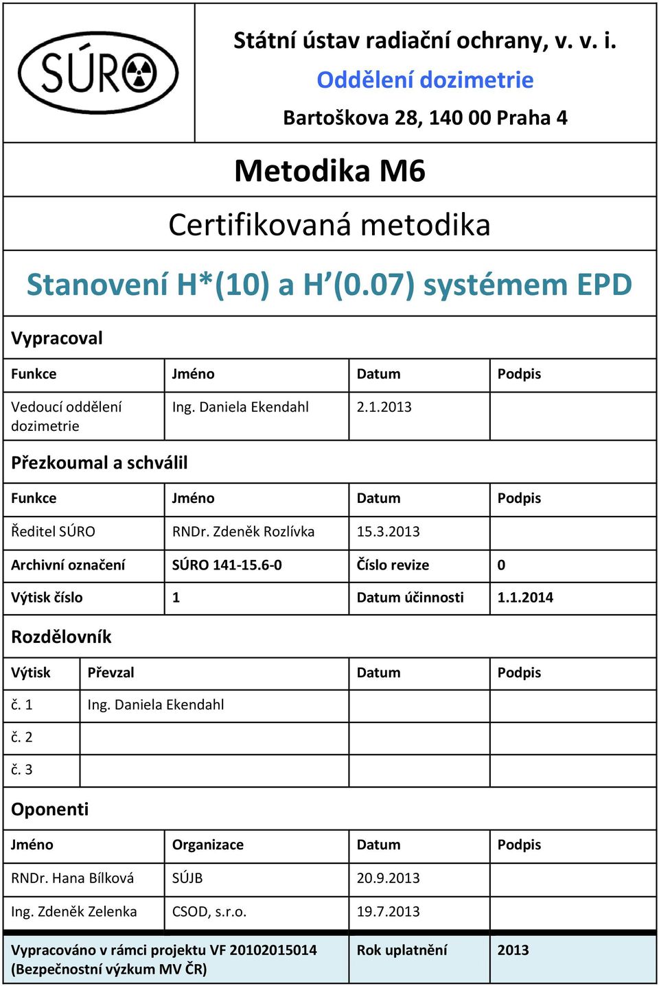 2013 Přezkoumal a schválil Funkce Jméno Datum Podpis Ředitel SÚRO RNDr. Zdeněk Rozlívka 15.3.2013 Archivní označení SÚRO 141-15.