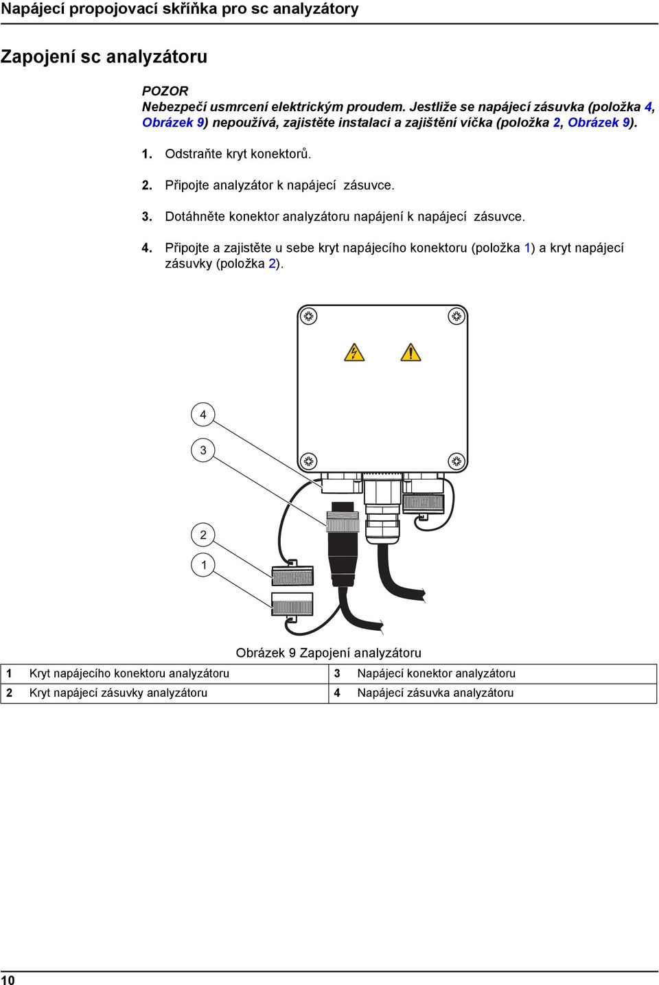 Odstraňte kryt konektorů. 2. Připojte analyzátor k napájecí zásuvce. 3. Dotáhněte konektor analyzátoru napájení k napájecí zásuvce. 4.