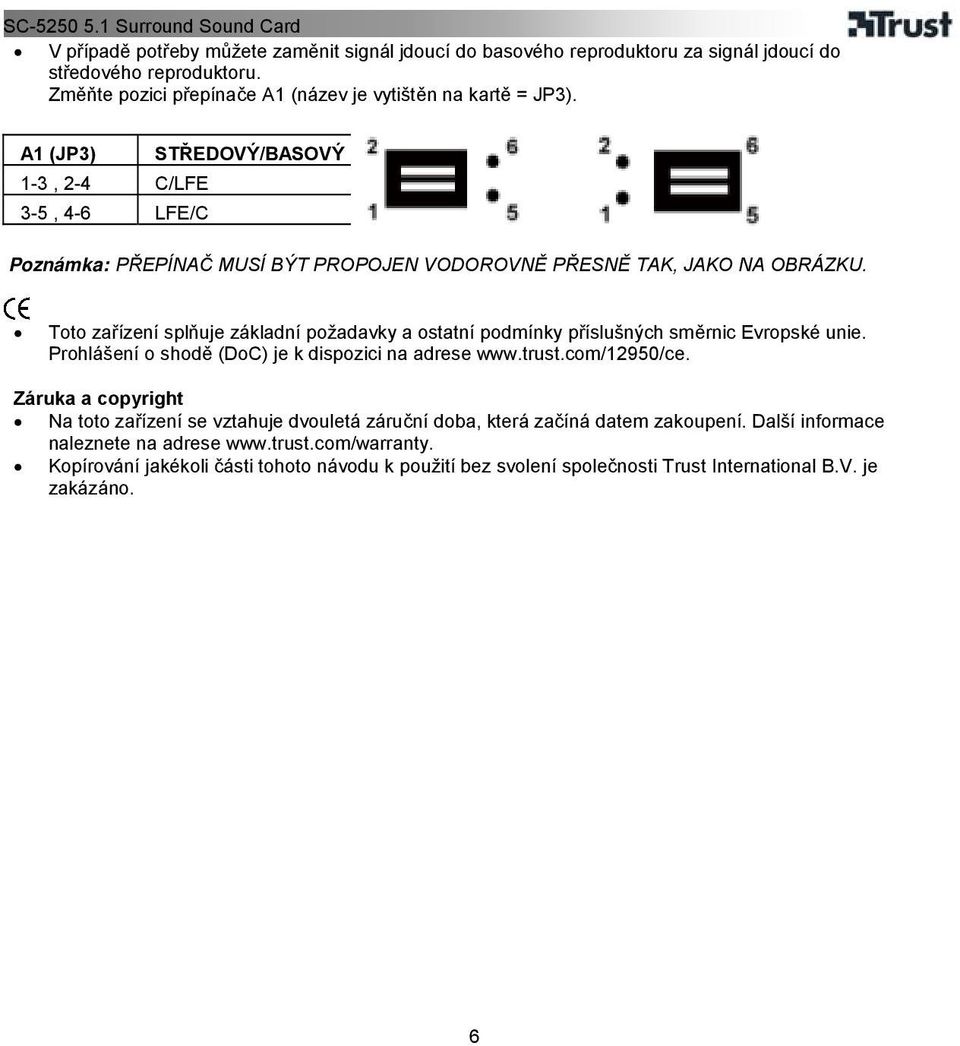 Toto zařízení splňuje základní požadavky a ostatní podmínky příslušných směrnic Evropské unie. Prohlášení o shodě (DoC) je k dispozici na adrese www.trust.com/12950/ce.