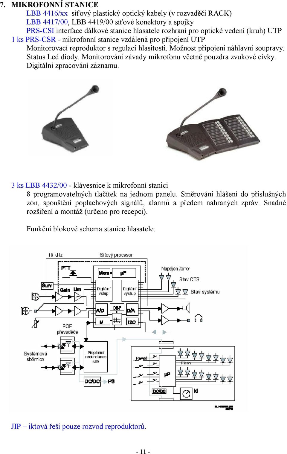 Monitorování závady mikrofonu včetně pouzdra zvukové cívky. Digitální zpracování záznamu. 3 ks LBB 4432/00 - klávesnice k mikrofonní stanici 8 programovatelných tlačítek na jednom panelu.