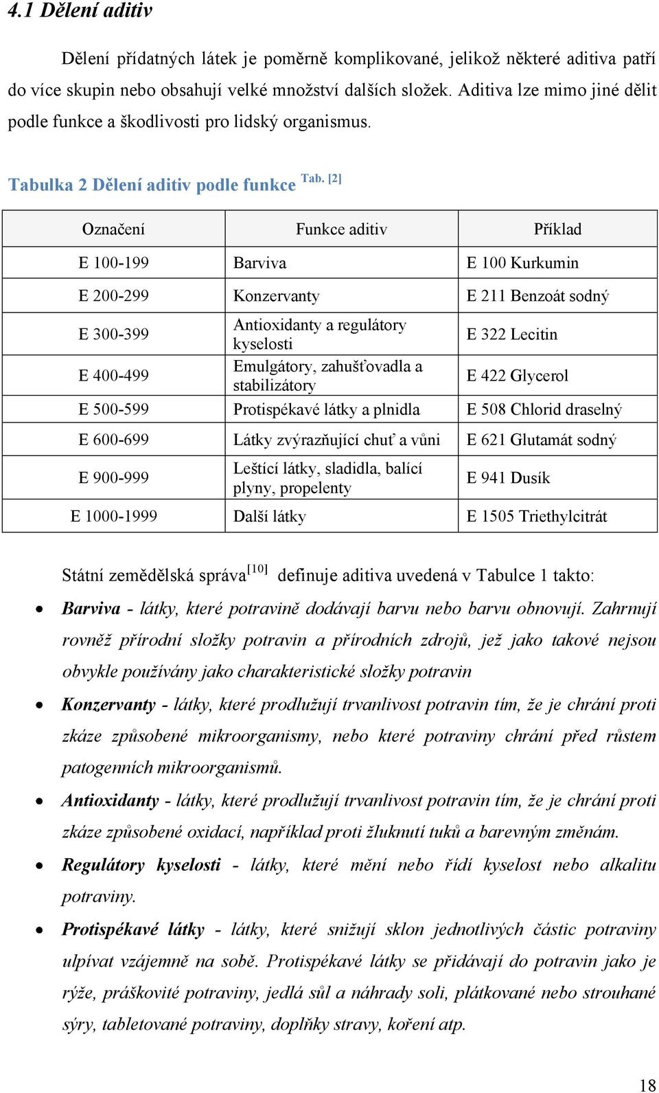 [2] Označení Funkce aditiv Příklad E 100-199 Barviva E 100 Kurkumin E 200-299 Konzervanty E 211 Benzoát sodný E 300-399 Antioxidanty a regulátory kyselosti E 322 Lecitin E 400-499 Emulgátory,