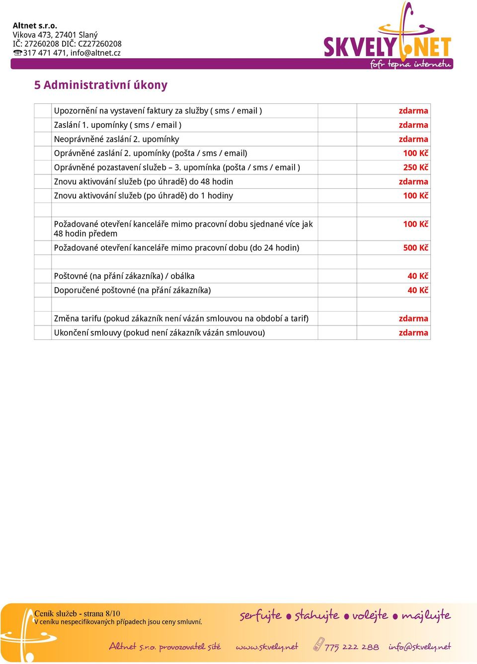 upomínka (pošta / sms / email ) Znovu aktivování služeb (po úhradě) do 48 hodin Znovu aktivování služeb (po úhradě) do 1 hodiny 250 Kč Požadované otevření kanceláře mimo pracovní dobu