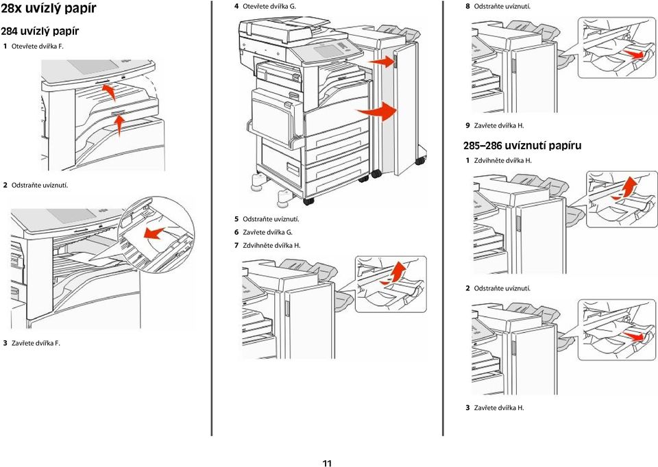 285 286 uvíznutí papíru 1 Zdvihněte dvířka H. 5 Odstraňte uvíznutí.