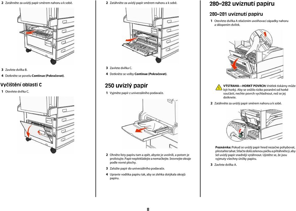Vyčištění oblasti C 1 Otevřete dvířka C. 3 Zavřete dvířka C. 4 Dotkněte se volby Continue (Pokračovat). 250 uvízlý papír 1 Vyjměte papír z univerzálního podavače.