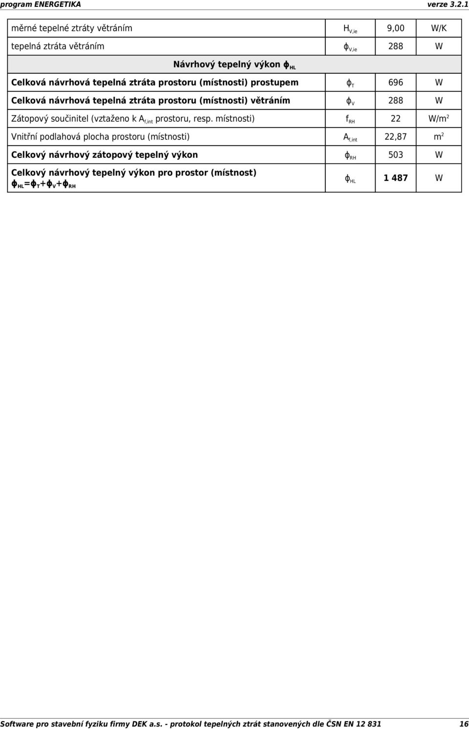 místnosti) f RH 22 W/m 2 Vnitřní podlahová plocha prostoru (místnosti) A f,int 22,87 m 2 Celkový návrhový zátopový tepelný výkon ɸ RH 503 W Celkový návrhový