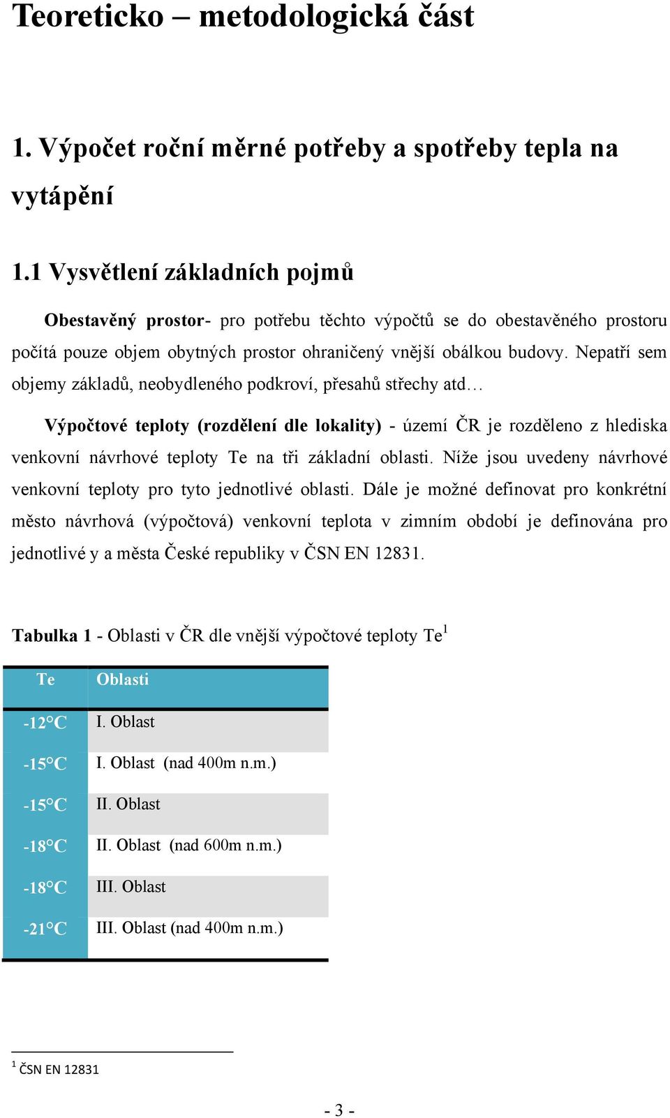 Nepatří sem objemy základů, neobydleného podkroví, přesahů střechy atd Výpočtové teploty (rozdělení dle lokality) - území ČR je rozděleno z hlediska venkovní návrhové teploty Te na tři základní