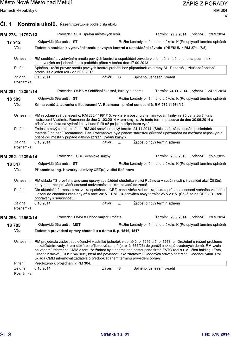 Usneseni:: Plnění: Ze dne: RM 291-12351/14 RM souhlasí s vystavěním areálu pevných kontrol a uspořádání závodu v orientačním běhu, a to za podmínek stanovených na jednání, které proběhlo přímo v