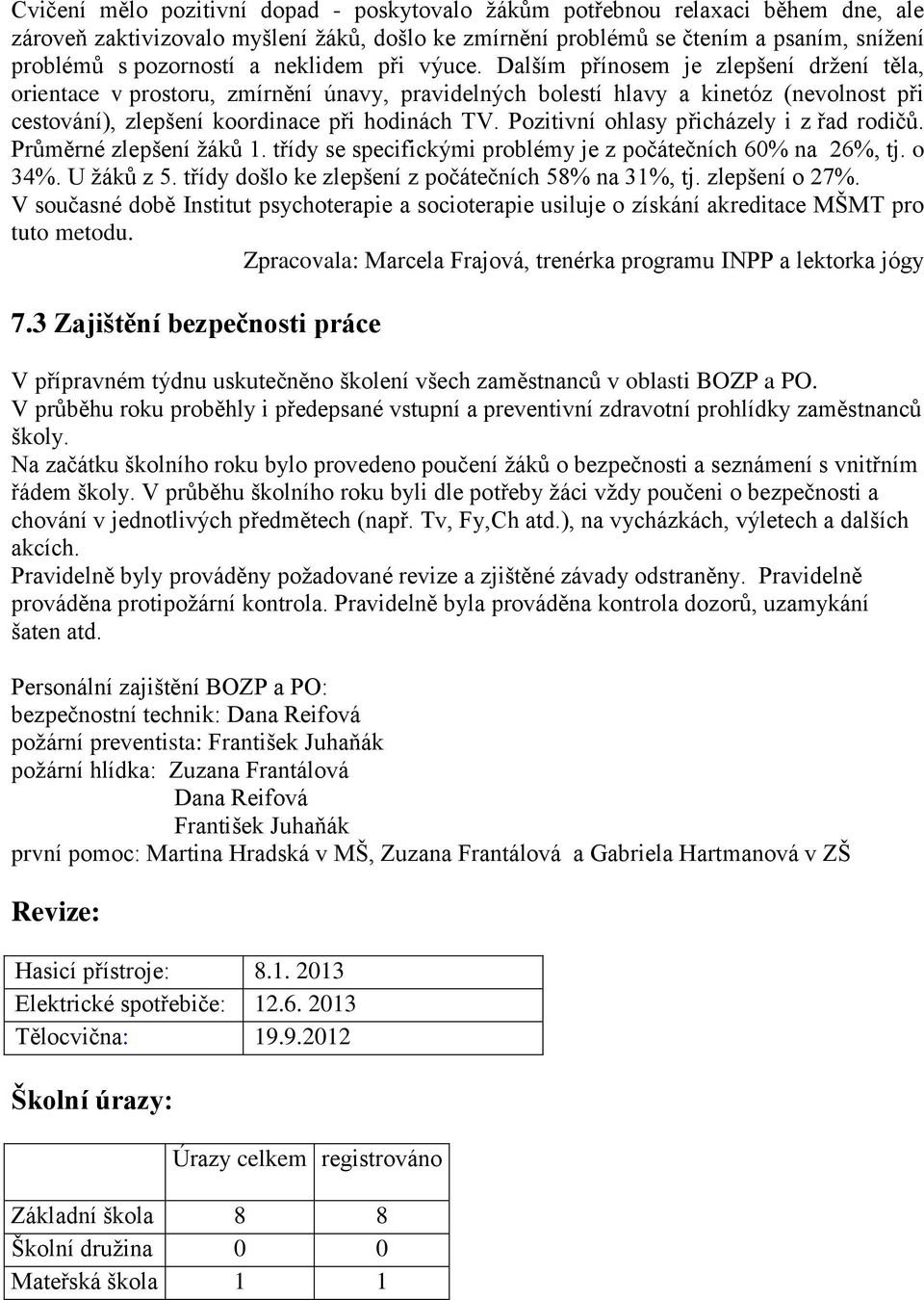 Pozitivní ohlasy přicházely i z řad rodičů. Průměrné zlepšení žáků 1. třídy se specifickými problémy je z počátečních 60% na 26%, tj. o 34%. U žáků z 5.