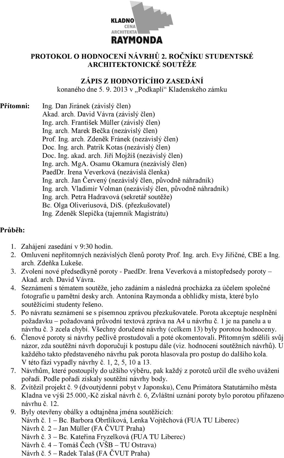 Ing. arch. Patrik Kotas (nezávislý člen) Doc. Ing. akad. arch. Jiří Mojžíš (nezávislý člen) Ing. arch. MgA. Osamu Okamura (nezávislý člen) PaedDr. Irena Veverková (nezávislá členka) Ing. arch. Jan Červený (nezávislý člen, původně náhradník) Ing.