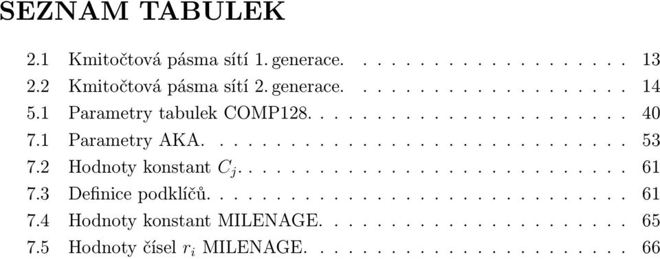 2 Hodnoty konstant C j............................ 61 7.3 Definice podklíčů.............................. 61 7.4 Hodnoty konstant MILENAGE.