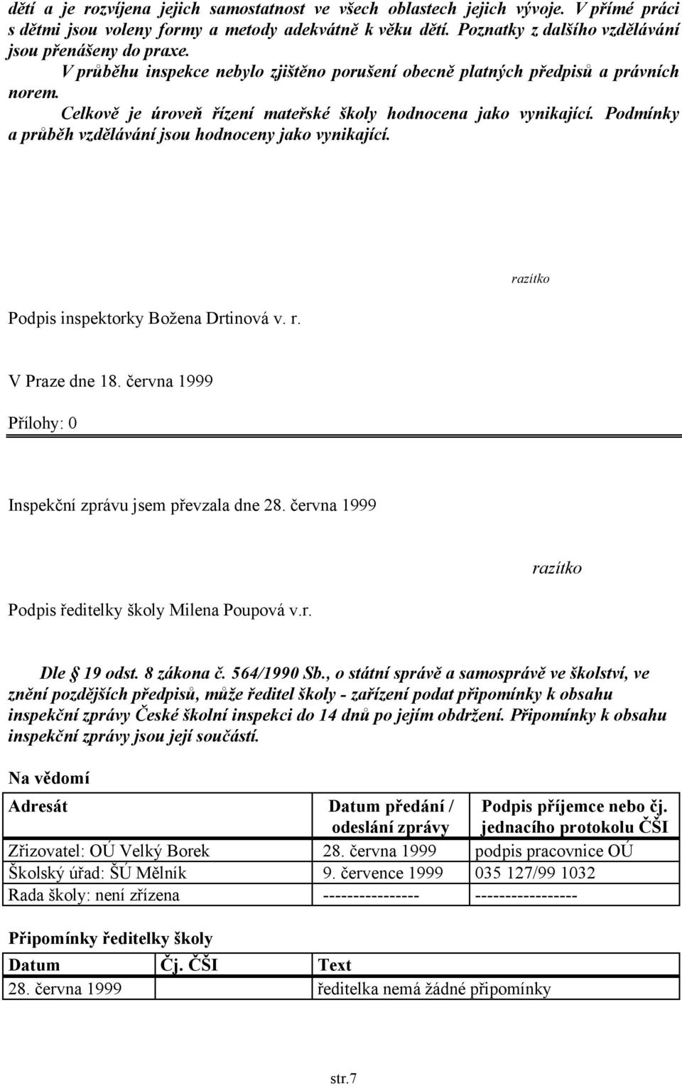 Podmínky a průběh vzdělávání jsou hodnoceny jako vynikající. Podpis inspektorky Božena Drtinová v. r. razítko V Praze dne 18. června 1999 Přílohy: 0 Inspekční zprávu jsem převzala dne 28.