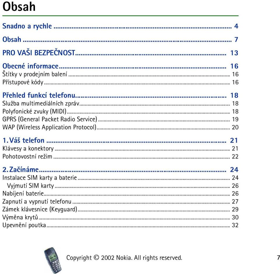 Vá¹ telefon... 21 Klávesy a konektory... 21 Pohotovostní re¾im... 22 2. Zaèínáme... 24 Instalace SIM karty a baterie... 24 Vyjmutí SIM karty... 26 Nabíjení baterie.