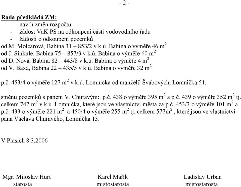 453/4 o výměře 127 m 2 v k.ú. Lomnička od manželů Švábových, Lomnička 51. směnu pozemků s panem V. Churavým: p.č. 438 o výměře 395 m 2 a p.č. 439 o výměře 352 m 2 tj. celkem 747 m 2 v k.ú. Lomnička, které jsou ve vlastnictví města za p.