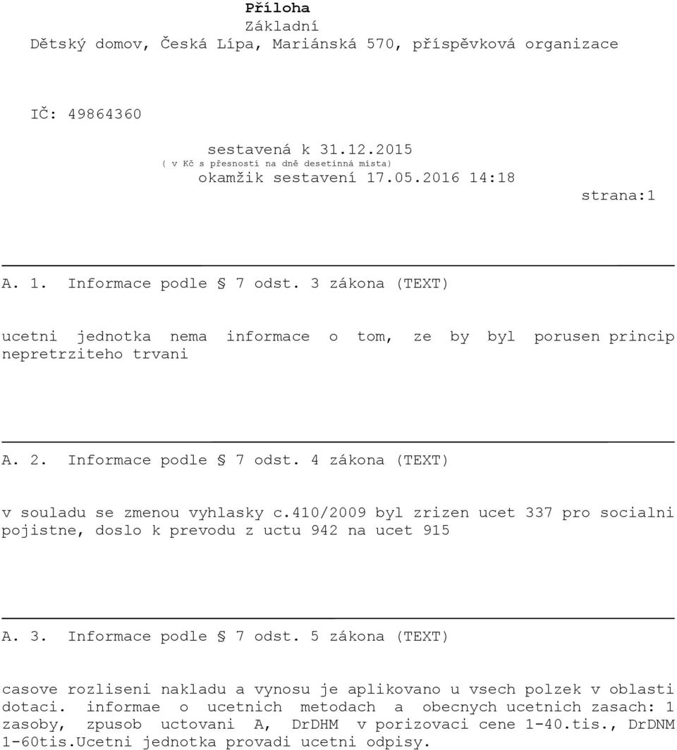 410/2009 byl zrizen ucet 337 pro socialni pojistne, doslo k prevodu z uctu 942 na ucet 915 A. 3. Informace podle 7 odst.