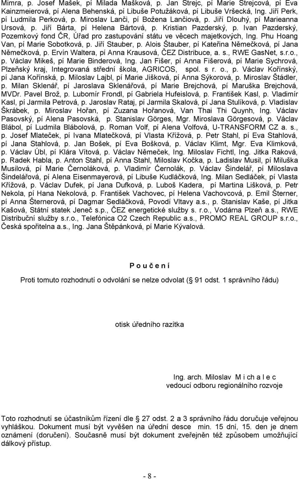 Ivan Pazderský, Pozemkový fond ČR, Úřad pro zastupování státu ve věcech majetkových, Ing. Phu Hoang Van, pí Marie Sobotková, p. Jiří Stauber, p.