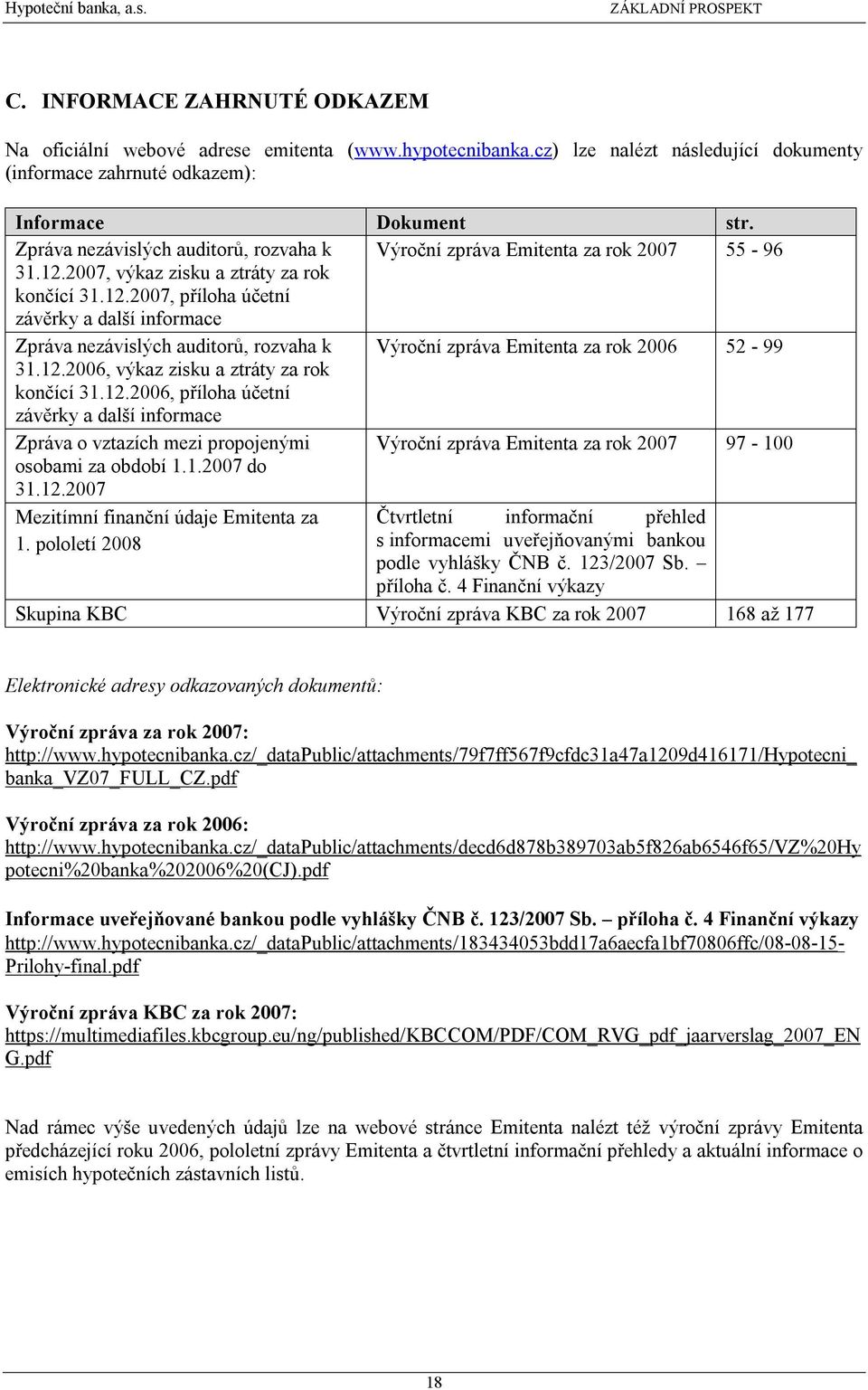 2007, výkaz zisku a ztráty za rok končící 31.12.2007, příloha účetní závěrky a další informace Zpráva nezávislých auditorů, rozvaha k Výroční zpráva Emitenta za rok 2006 52-99 31.12.2006, výkaz zisku a ztráty za rok končící 31.