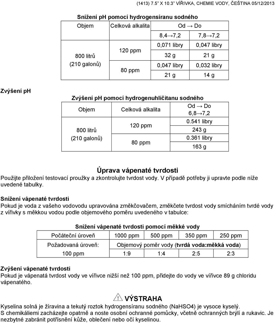 pomocí hydrogenuhličitanu sodného Od Do Objem Celková alkalita 6,8 7,2 0.541 libry 800 litrů 243 g (210 galonů) 0.