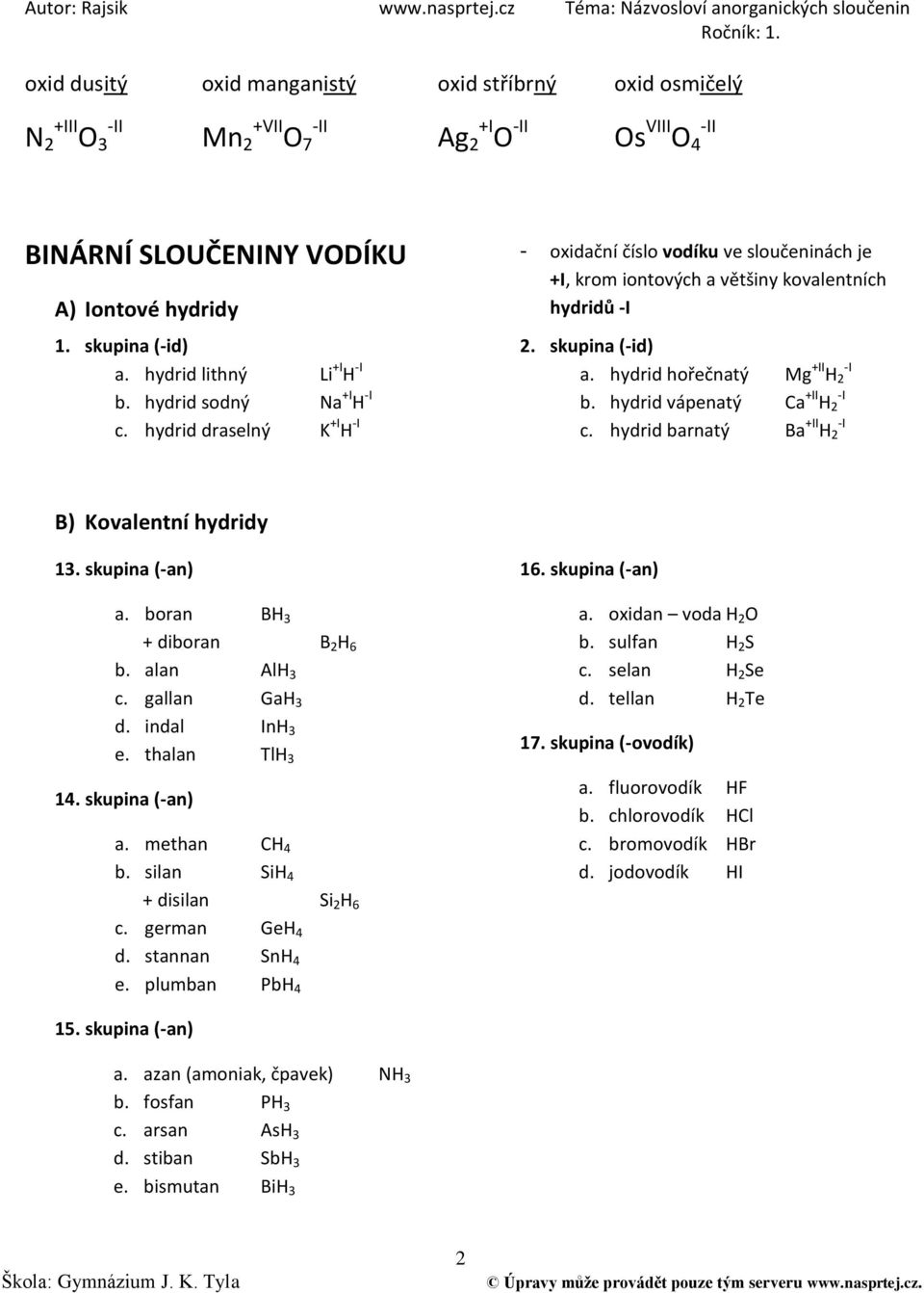 hydrid vápenatý Ca +II H 2 c. hydrid barnatý Ba +II H 2 B) Kovalentní hydridy 13. skupina (-an) a. boran BH 3 + diboran B 2 H 6 b. alan AlH 3 c. gallan GaH 3 d. indal InH 3 e. thalan TlH 3 14.