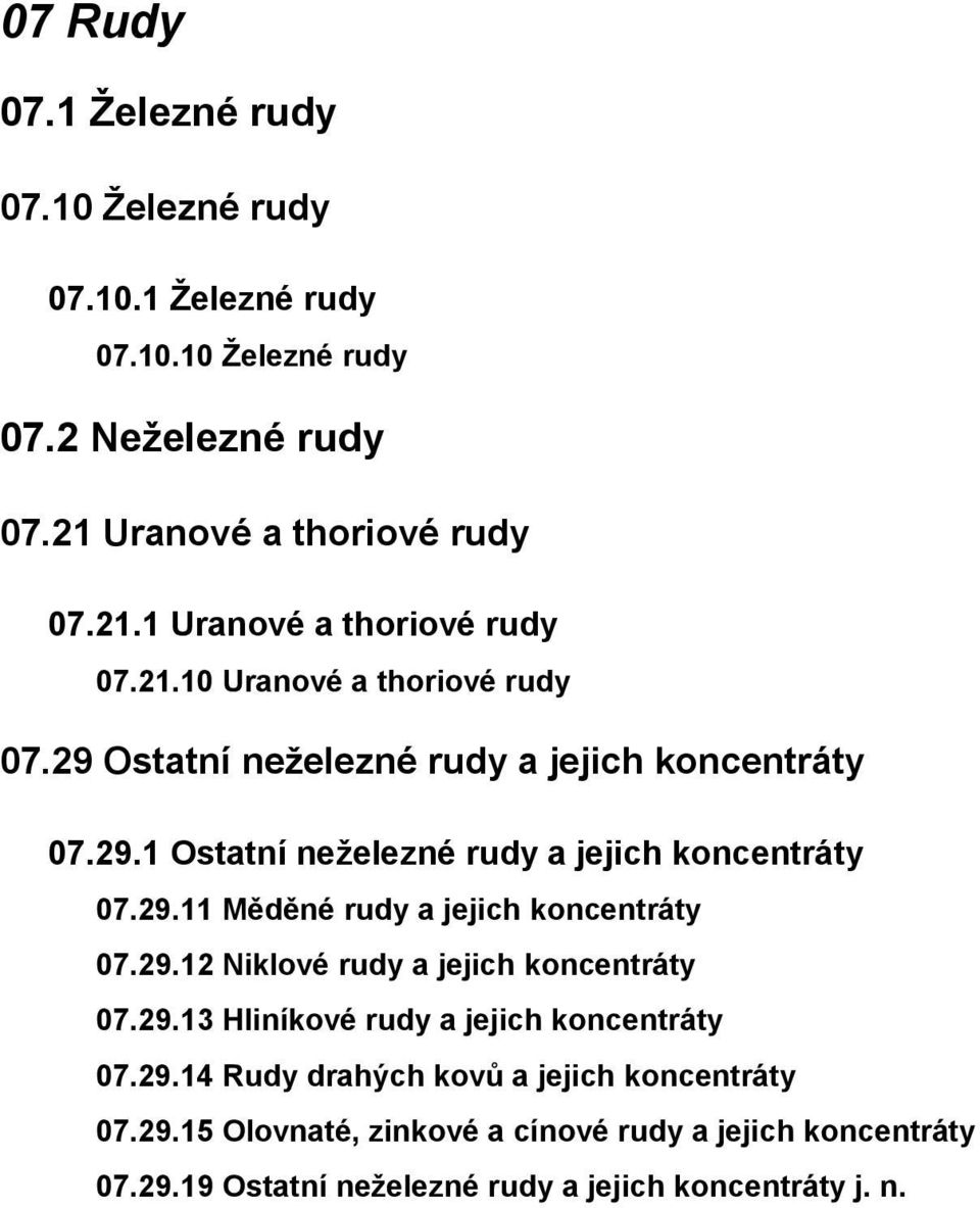 29.13 Hliníkové rudy a jejich koncentráty 07.29.14 Rudy drahých kovů a jejich koncentráty 07.29.15 Olovnaté, zinkové a cínové rudy a jejich koncentráty 07.