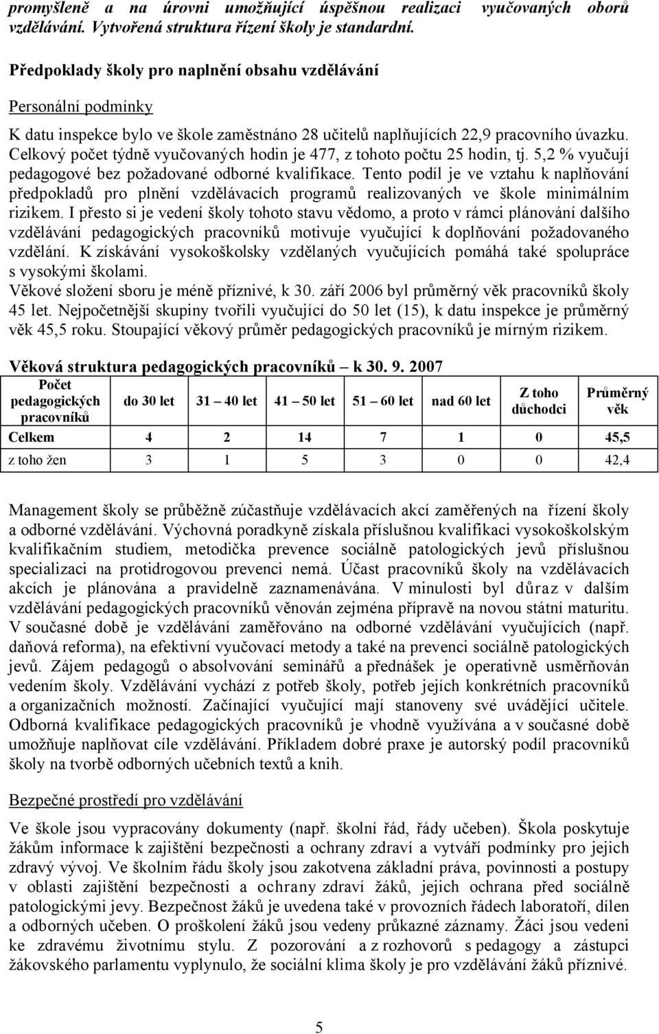 Celkový počet týdně vyučovaných hodin je 477, z tohoto počtu 25 hodin, tj. 5,2 % vyučují pedagogové bez požadované odborné kvalifikace.