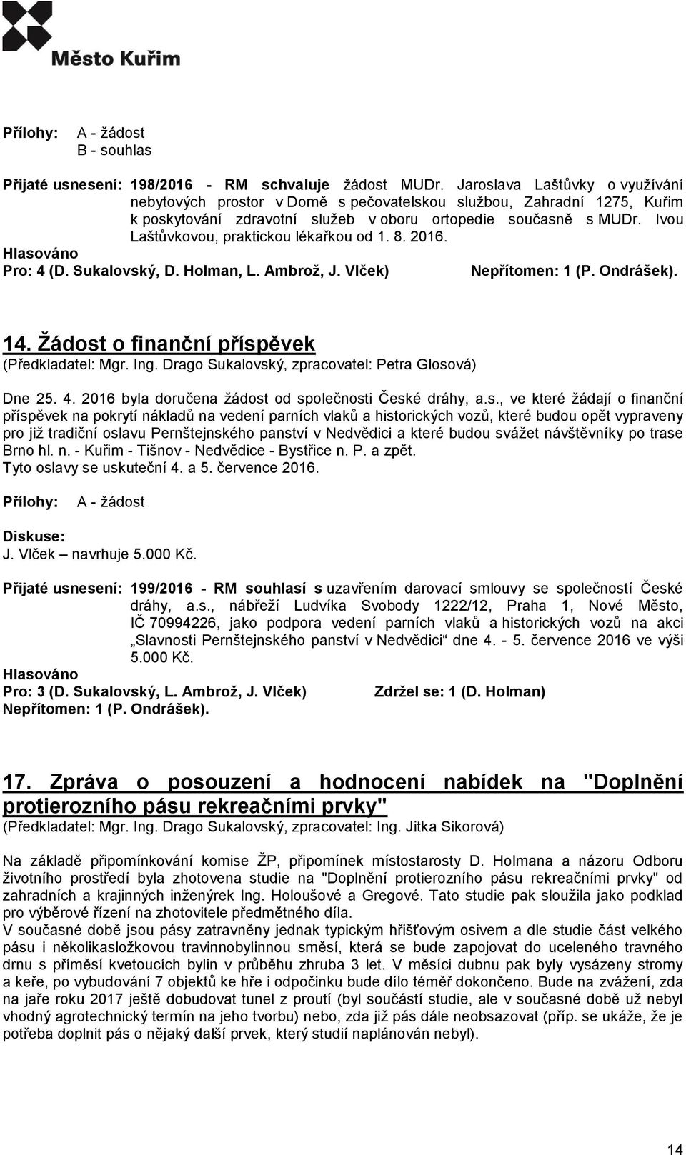 Ivou Laštůvkovou, praktickou lékařkou od 1. 8. 2016. 14. Žádost o finanční příspěvek (Předkladatel: Mgr. Ing. Drago Sukalovský, zpracovatel: Petra Glosová) Dne 25. 4.