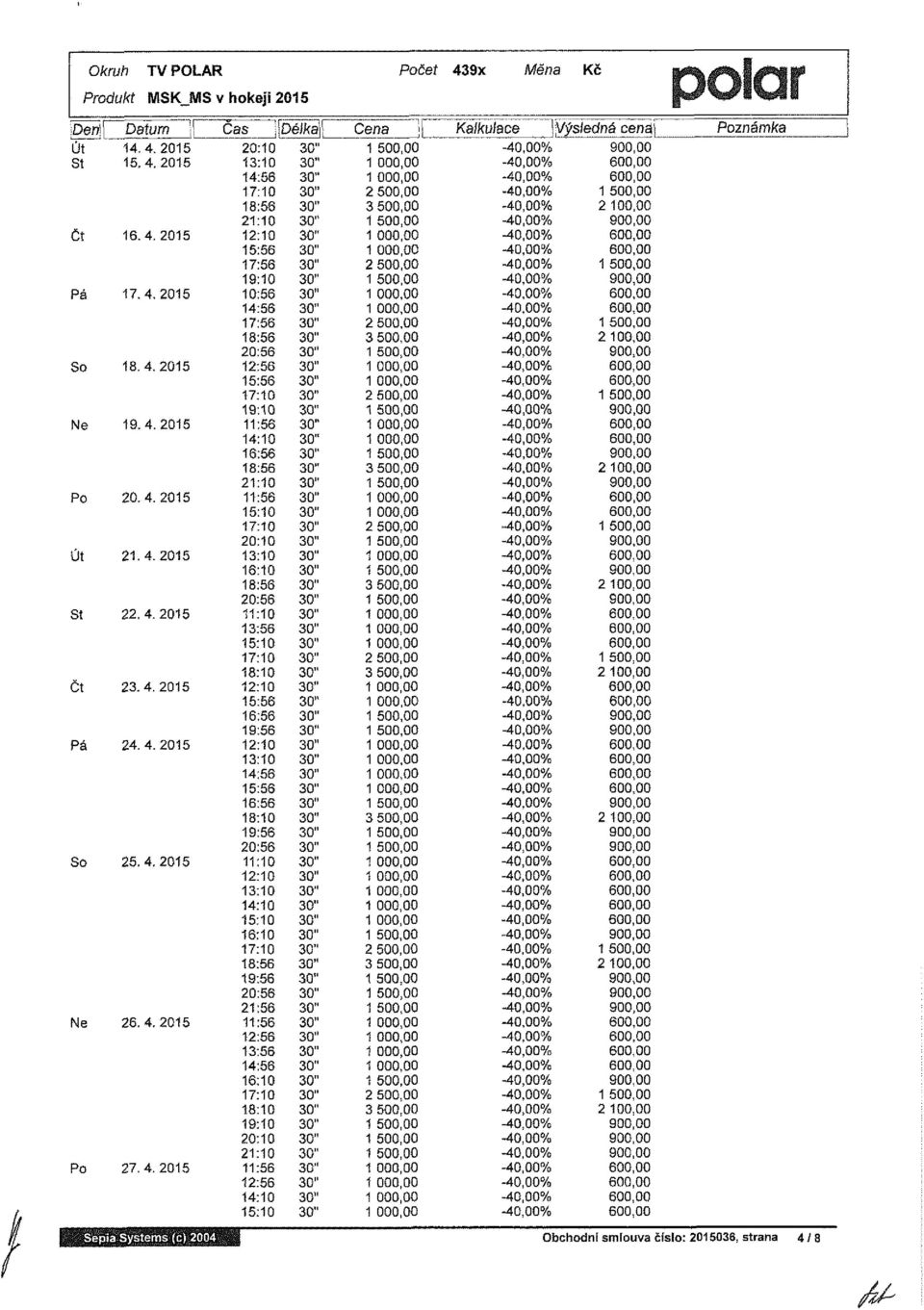 27.4.2015 Čas 'ÁDélka\\ 19:10 10:56 19:10 11:56 11:56 18:58 21:56 11:56 19:10 11:56 Cena J Počet 439x Měna