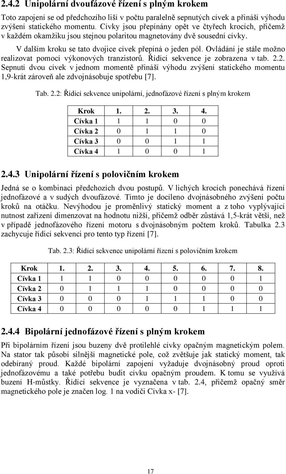 Ovládání je stále možno realizovat pomocí výkonových tranzistorů. Řídící sekvence je zobrazena v tab. 2.