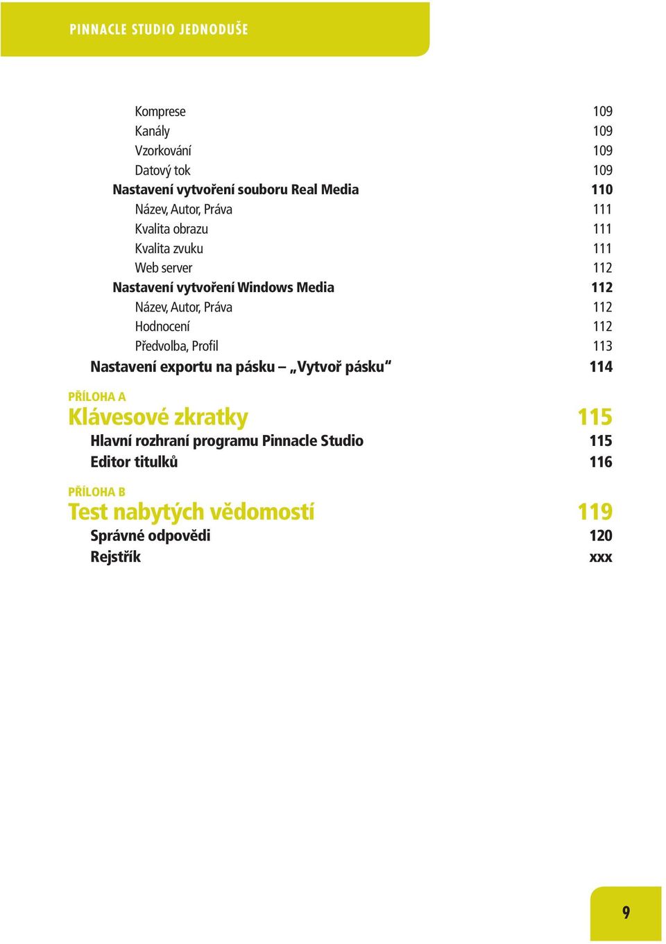 Práva 112 Hodnocení 112 Předvolba, Profil 113 Nastavení exportu na pásku Vytvoř pásku 114 PŘÍLOHA A Klávesové zkratky 115