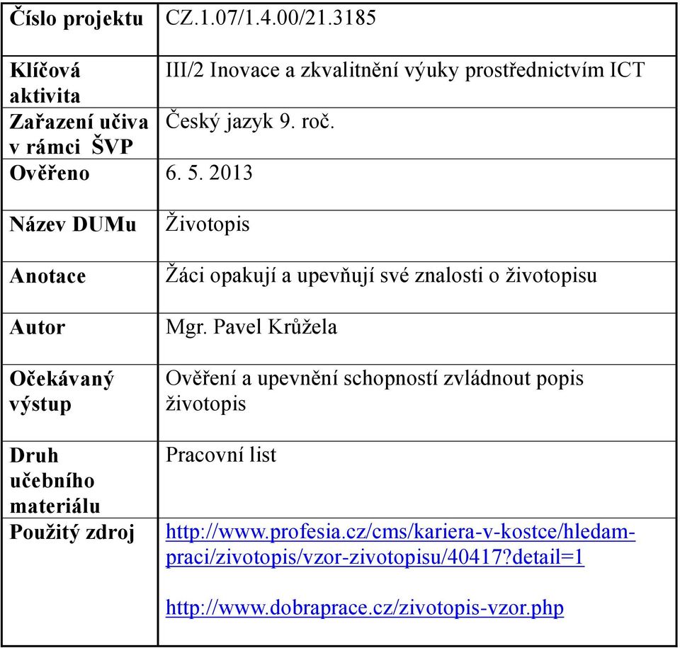 2013 Název DUMu Anotace Autor Očekávaný výstup Druh učebního materiálu Použitý zdroj Životopis Žáci opakují a upevňují své znalosti o