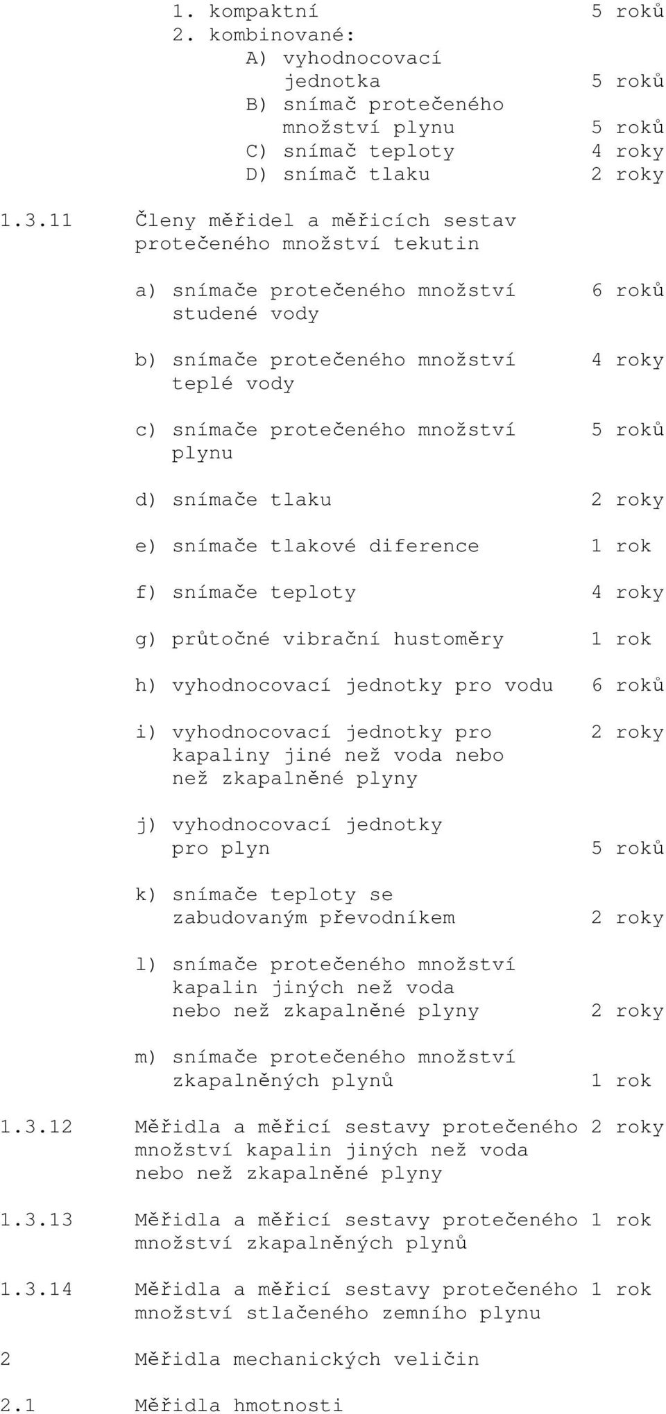 roků plynu d) snímače tlaku e) snímače tlakové diference 1 rok f) snímače teploty 4 roky g) průtočné vibrační hustoměry 1 rok h) vyhodnocovací jednotky pro vodu 6 roků i) vyhodnocovací jednotky pro