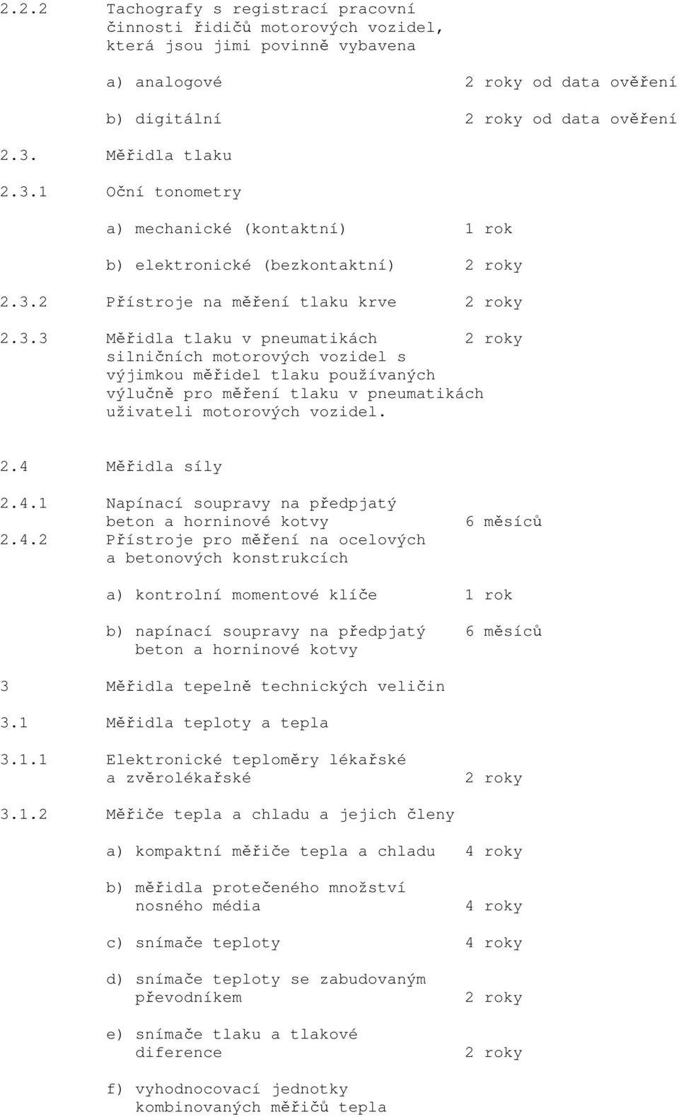 2.4 Měřidla síly 2.4.1 Napínací soupravy na předpjatý beton a horninové kotvy 2.4.2 Přístroje pro měření na ocelových a betonových konstrukcích 6 měsíců a) kontrolní momentové klíče 1 rok b) napínací
