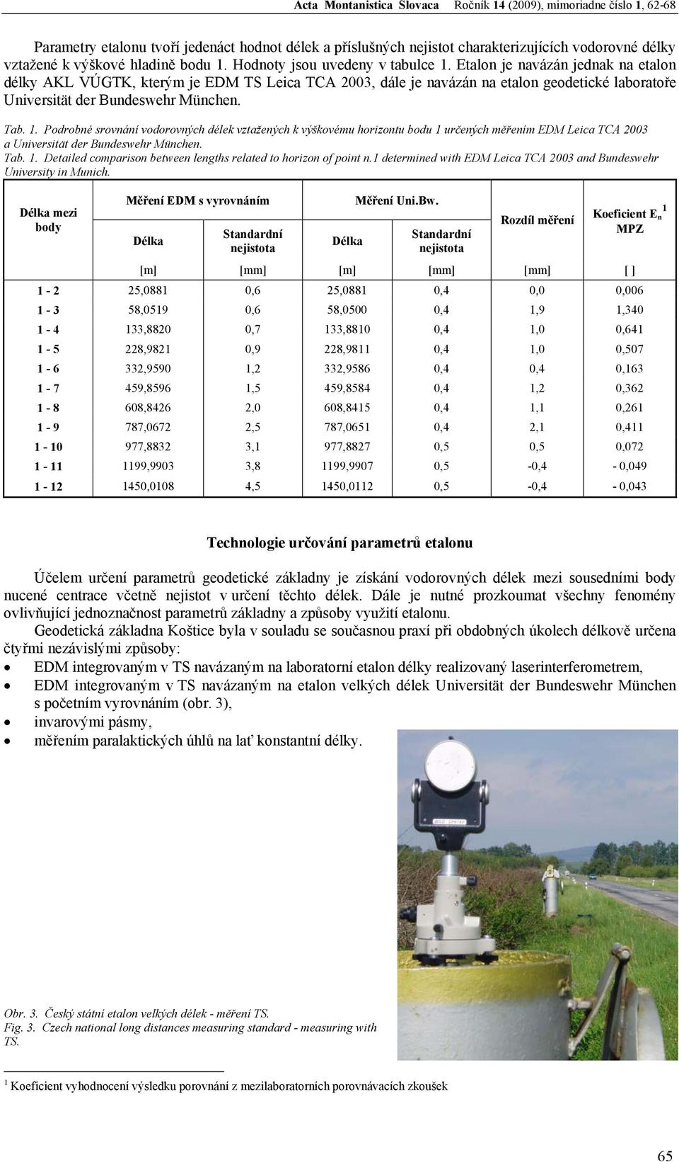 Podrobné srovnání vodorovných délek vztažených k výškovému horizontu bodu 1 určených měřením EDM Leica TCA 2003 a Universität der Bundeswehr München. Tab. 1. Detailed comparison between lengths related to horizon of point n.