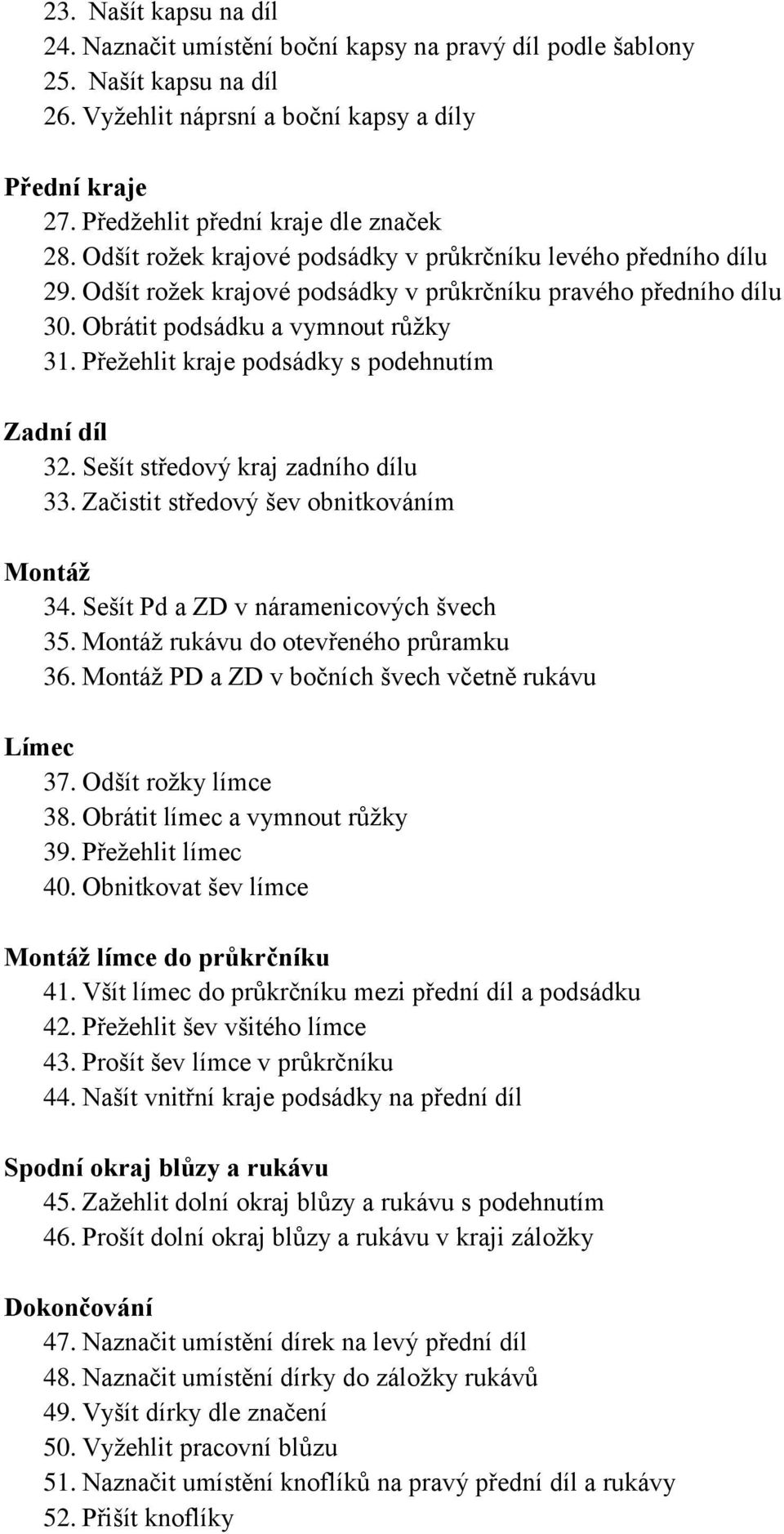 Obrátit podsádku a vymnout růžky 31. Přežehlit kraje podsádky s podehnutím Zadní díl 32. Sešít středový kraj zadního dílu 33. Začistit středový šev obnitkováním Montáž 34.