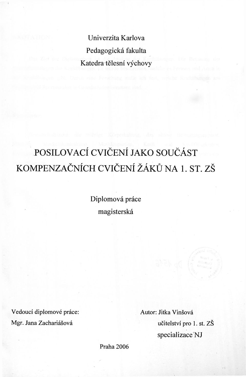 ZŠ Diplomová práce magisterská Vedoucí diplomové práce: Mgr.