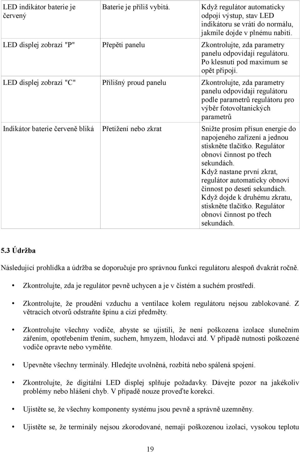 LED displej zobrazí "C" Přílišný proud panelu Zkontrolujte, zda parametry panelu odpovídají regulátoru podle parametrů regulátoru pro výběr fotovoltanických parametrů Indikátor baterie červeně bliká