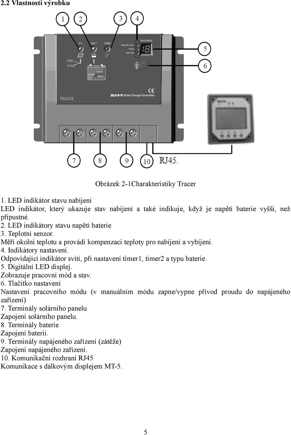 Digitální LED displej. Zobrazuje pracovní mód a stav. 6. Tlačítko nastavení Nastavení pracovního módu (v manuálním módu zapne/vypne přívod proudu do napájeného zařízení) 7.