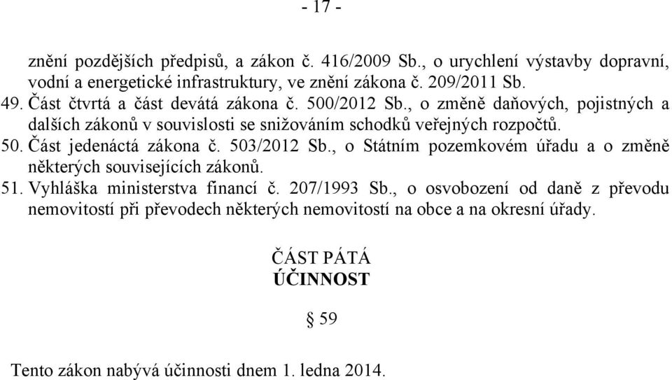 503/2012 Sb., o Státním pozemkovém úřadu a o změně některých souvisejících zákonů. 51. Vyhláška ministerstva financí č. 207/1993 Sb.