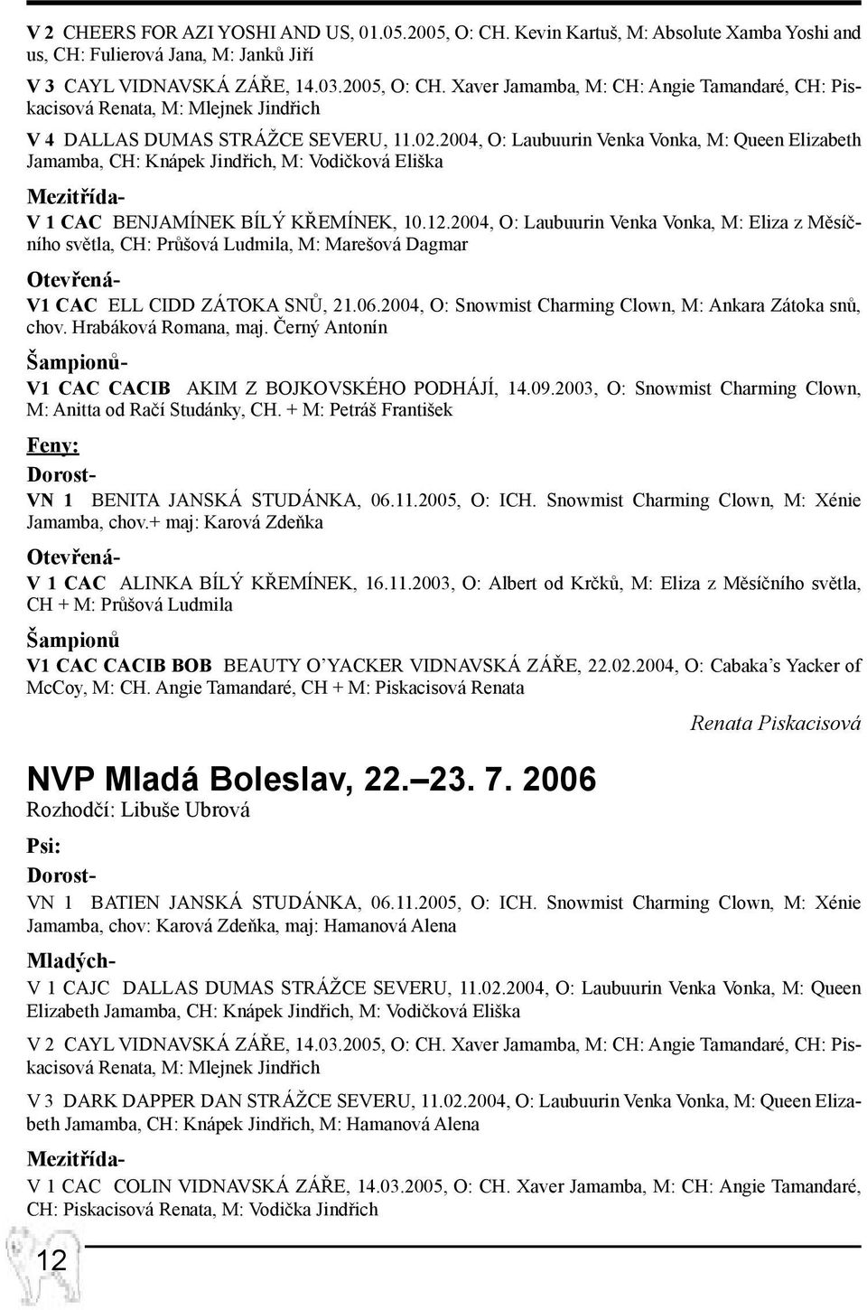 2004, O: Laubuurin Venka Vonka, M: Eliza z Měsíčního světla, CH: Průšová Ludmila, M: Marešová Dagmar Otevřená- V1 CAC ELL CIDD ZÁTOKA SNŮ, 21.06.