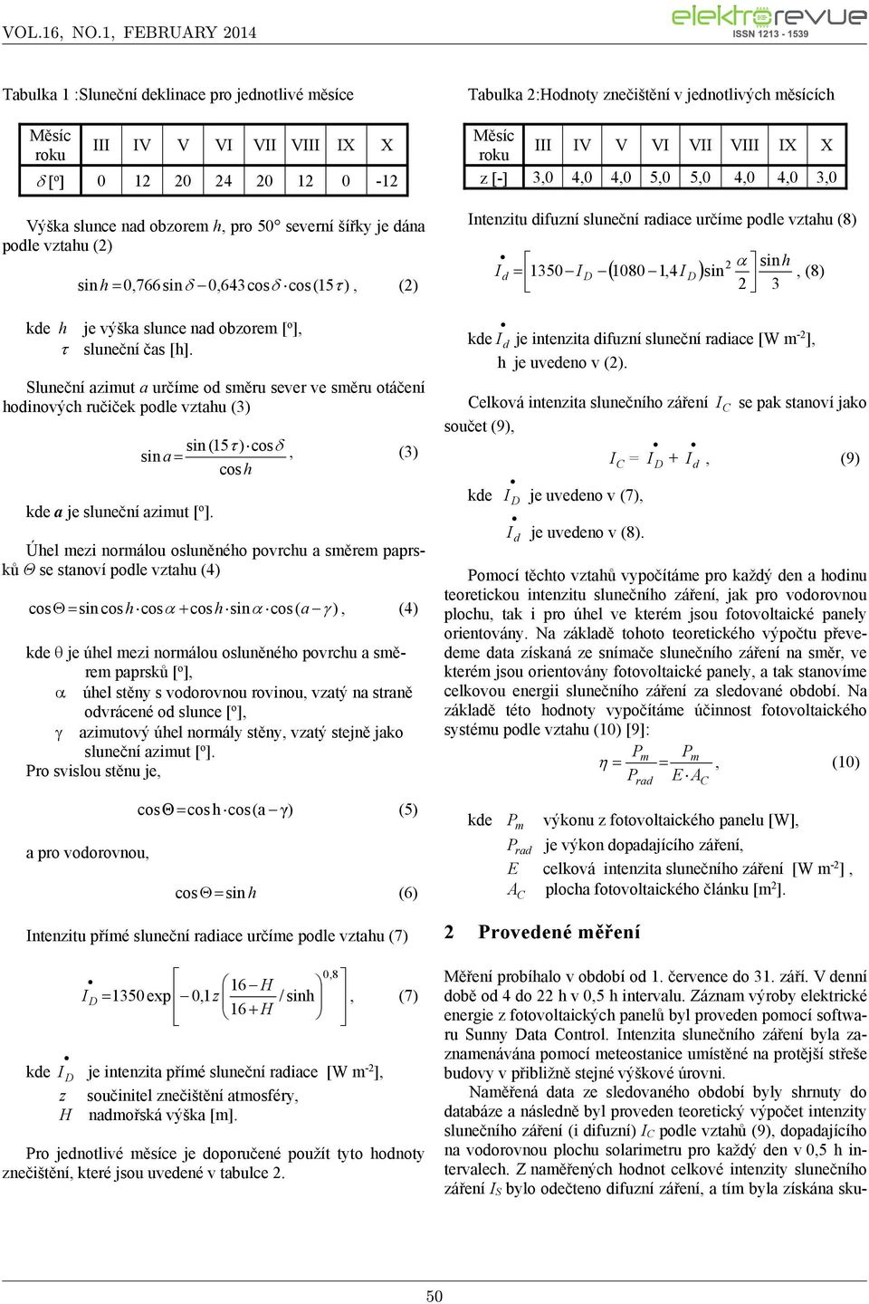 sin (15 ) cos sin a, (3) cos h Úhel mezi normálou osluněného povrchu a směrem paprsků Θ se stanoví pole vztahu (4) cos sin cos h cos cos hsin cos ( a ), (4) ke je úhel mezi normálou osluněného