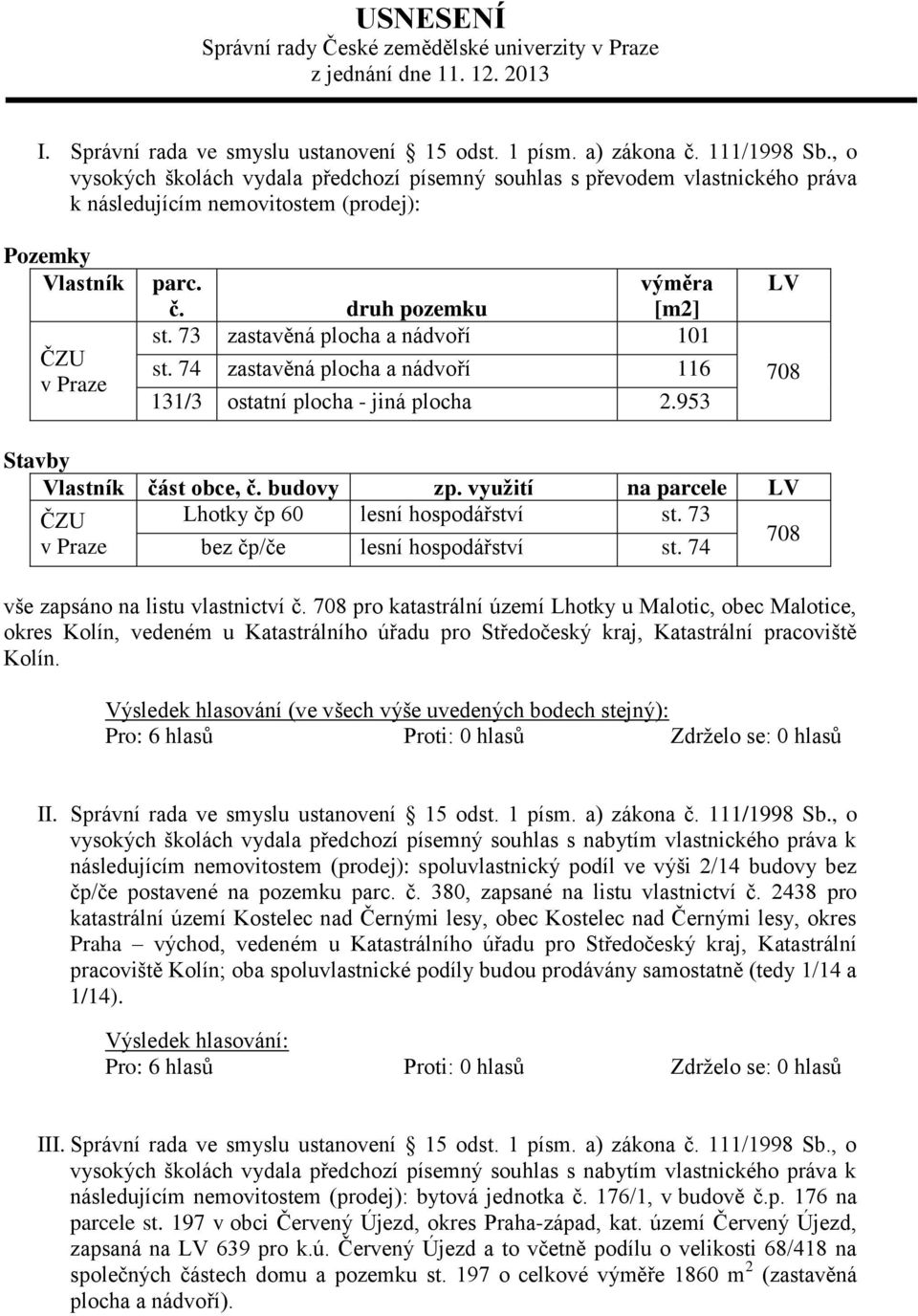 73 zastavěná plocha a nádvoří 101 st. 74 zastavěná plocha a nádvoří 116 131/3 ostatní plocha - jiná plocha 2.953 LV 708 Stavby Vlastník část obce, č. budovy zp.